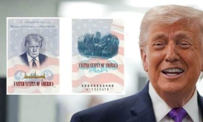 Donald Trump and images of the passports with Trump's face on them