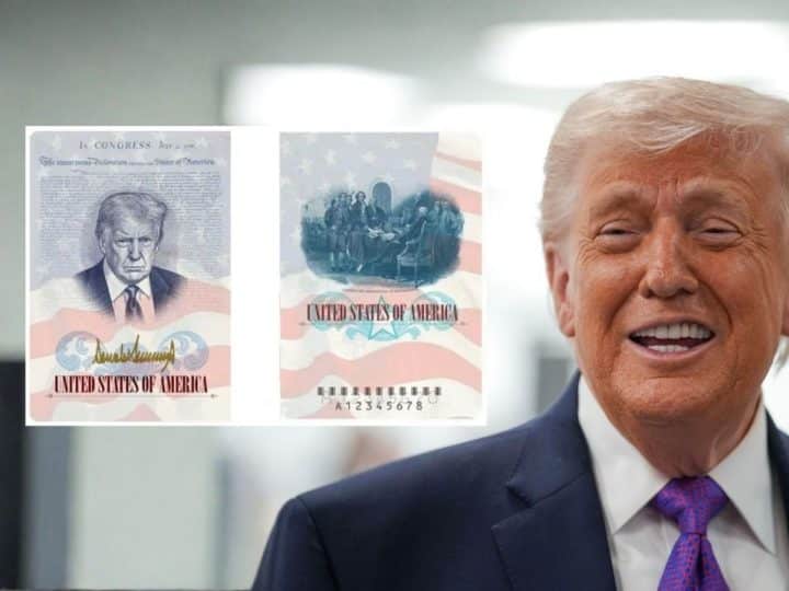 Donald Trump and images of the passports with Trump's face on them