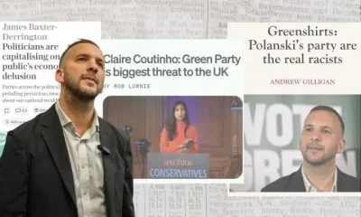 Zack Polanski in front of newspaper headlines