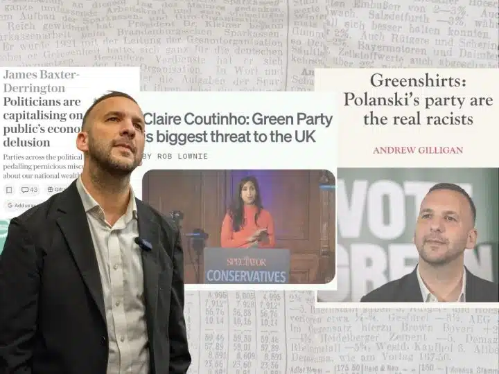 Zack Polanski in front of newspaper headlines