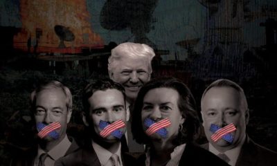 Composite image from PARC Against DARC shows UK politicians with US flag tape over their mouths and Trump looming in the background