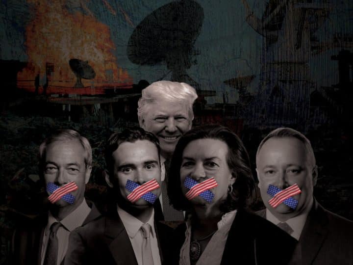 Composite image from PARC Against DARC shows UK politicians with US flag tape over their mouths and Trump looming in the background