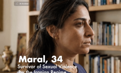 An AI-produced 'Maral' who is 34 years old, is on the screen. It says she is a survivor of sexual violence by the Iranian Regime