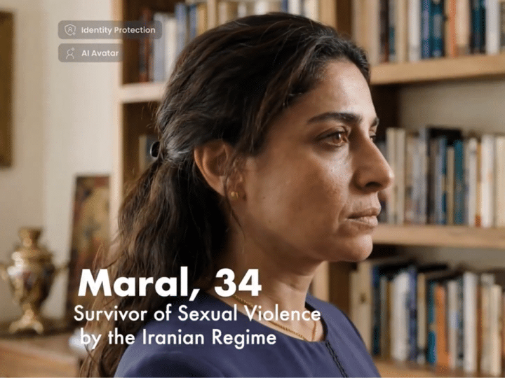 An AI-produced 'Maral' who is 34 years old, is on the screen. It says she is a survivor of sexual violence by the Iranian Regime
