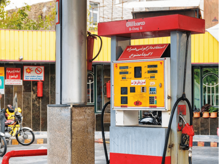 Colourful Gilbarco petrol pumps in empty gas station in Iran