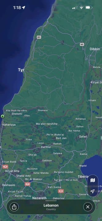 A screenshot of an Apple map of Lebanon