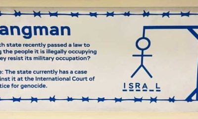 Advertisement explaining to people that Israel passed a low to hang Palestinian prisoners