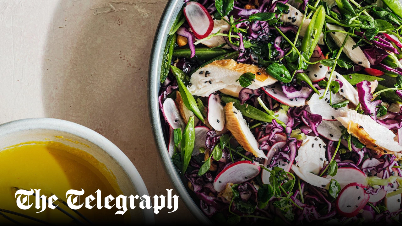Chicken, sugar snap and radish salad with carrot-miso-ginger dressing recipe