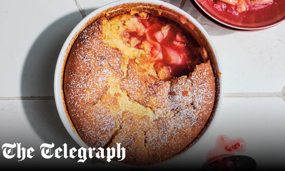 Rhubarb, apple and raspberry pudding with sour cream and marmalade sponge