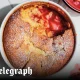 Rhubarb, apple and raspberry pudding with sour cream and marmalade sponge