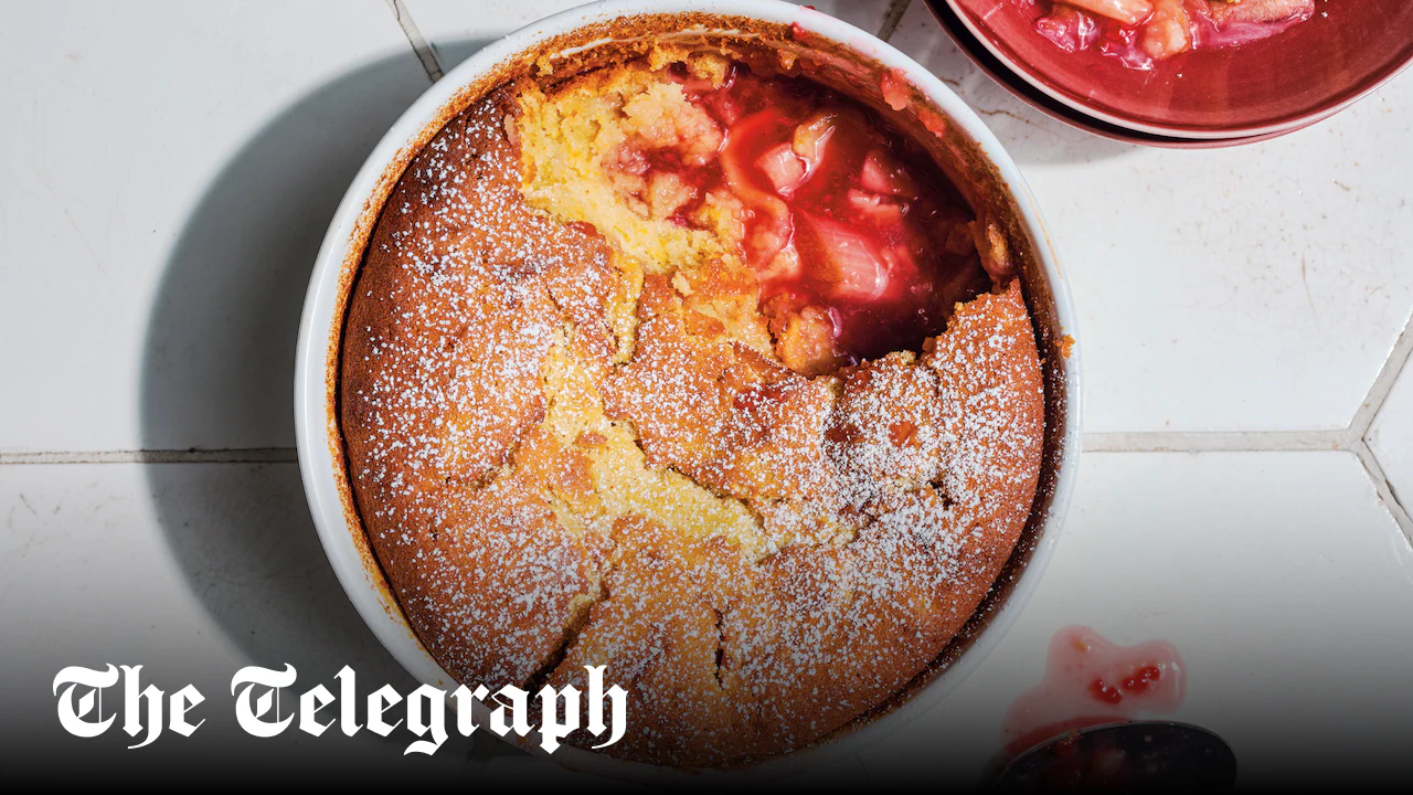 Rhubarb, apple and raspberry pudding with sour cream and marmalade sponge