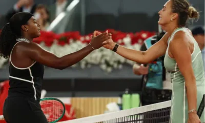 Hailey Baptiste of the US shakes hands with Belarus' Aryna Sabalenka after winning their Madrid Open quarterfinal at the Park Manzanares, Madrid, on April 28 2026.
