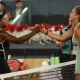 Hailey Baptiste of the US shakes hands with Belarus' Aryna Sabalenka after winning their Madrid Open quarterfinal at the Park Manzanares, Madrid, on April 28 2026.