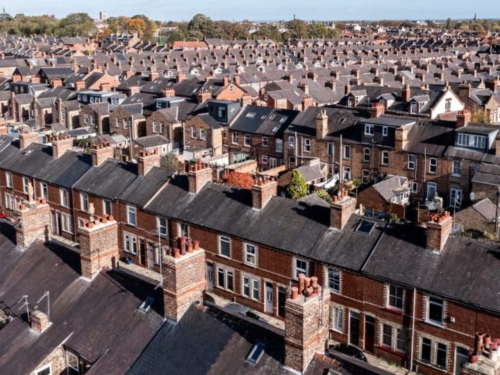 Aerial view of urban housing in the UK