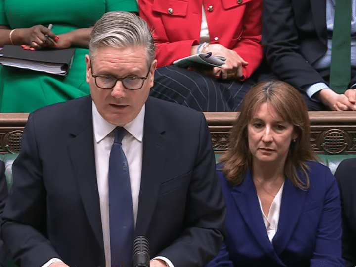 Keir Starmer stands to speak at PMQs on 22 April 2026
