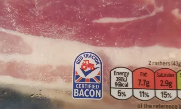 Red Tractor mark on packet of bacon Animal welfare labelling