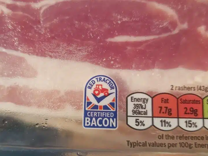 Red Tractor mark on packet of bacon Animal welfare labelling