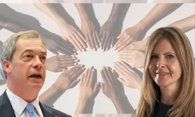 Nigel Farage and Reform candidate Angela Ross in front of a stereotypical 'equality' image of hands of different skin colours joining together in a circle