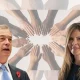 Nigel Farage and Reform candidate Angela Ross in front of a stereotypical 'equality' image of hands of different skin colours joining together in a circle