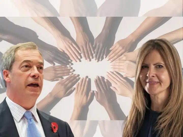 Nigel Farage and Reform candidate Angela Ross in front of a stereotypical 'equality' image of hands of different skin colours joining together in a circle