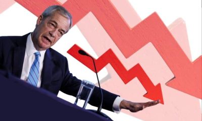 Nigel fARAGE WITH DOWN POINTING ARROWS, reform