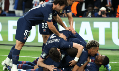 Ousmane Dembélé celebrates scoring his team’s fifth goal with his PSG teammates but Bayern roared back to keep the tie alive. Photograph: Alexander Hassenstein/Getty Images