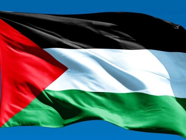 Close image of Palestine flag against blue sky. Pledge for Palestine