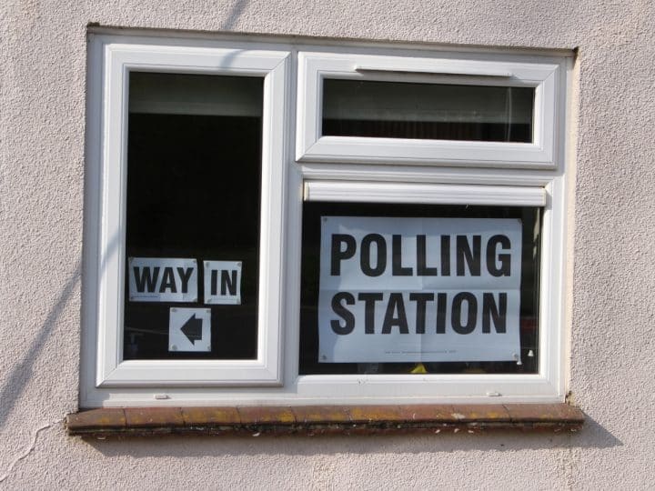 Polling Station sign in church Hall window TUSC candidates