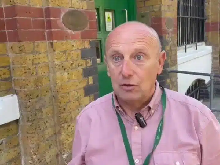 Video still of RMT regional organiser John Parsons speaking about outsourced cleaners on Southeastern trains