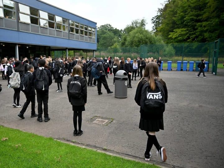 Pupils in school playground. Schools White Paper. SEND proposals.
