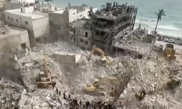 A photo of wreckage as a result of Israel attacking Lebanon. Taken from NBC's YouTube video