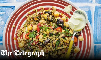 Warm grain, chickpea and aubergine salad with saffron yogurt recipe