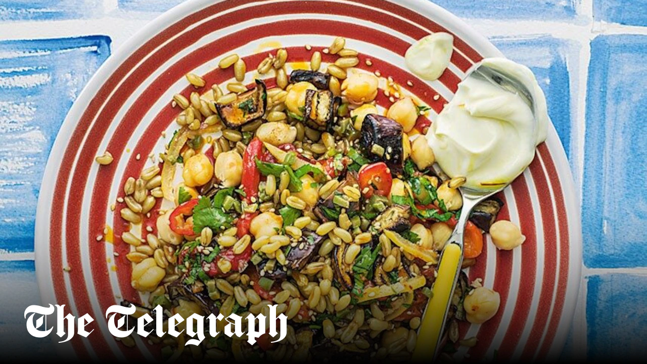 Warm grain, chickpea and aubergine salad with saffron yogurt recipe