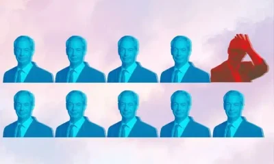 Turquoise images of Farage and one red Farage Reform