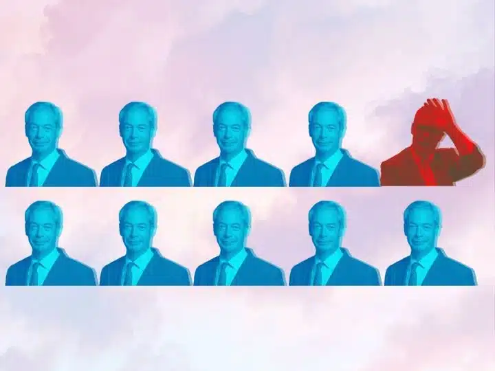 Turquoise images of Farage and one red Farage Reform