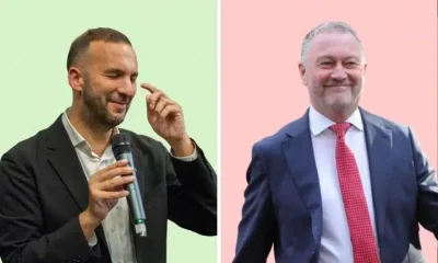 Zack Polanski (left) and Steve Reed (right) in separate photos merged together with different coloured backgrounds