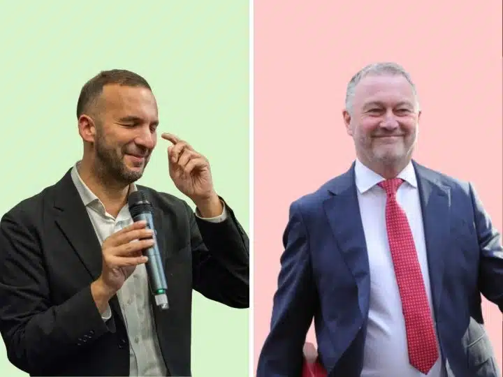 Zack Polanski (left) and Steve Reed (right) in separate photos merged together with different coloured backgrounds