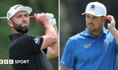 A split image of Jon Rahm and Bryson DeChambeau