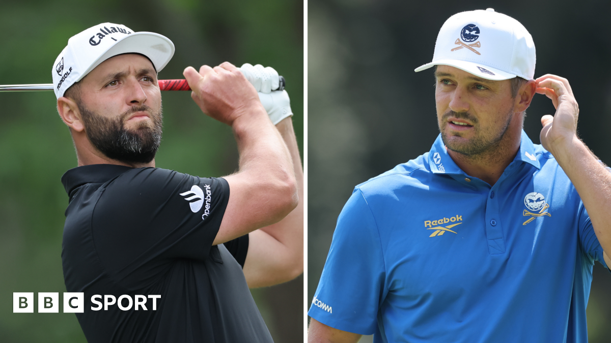A split image of Jon Rahm and Bryson DeChambeau