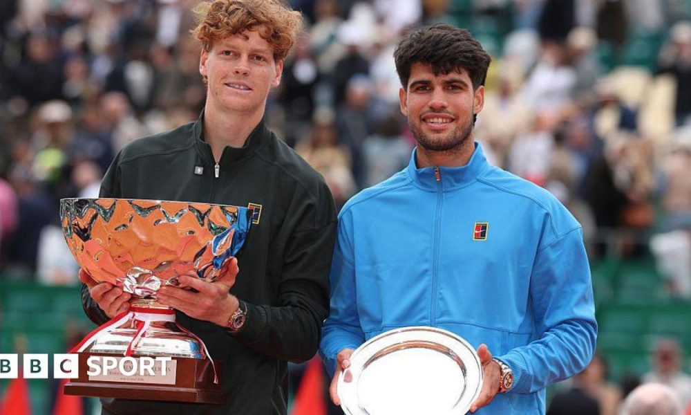 Jannik Sinner holds the Monte Carlo Master trophy alongside Carlos Alcaraz