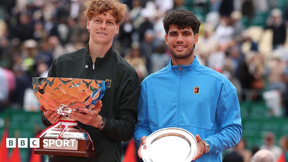 Jannik Sinner holds the Monte Carlo Master trophy alongside Carlos Alcaraz
