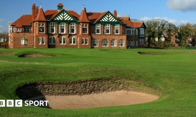 A view of a bunker in front of the 18th green at Royal Lytham & St Annes, with the clubhouse in the background