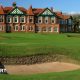 A view of a bunker in front of the 18th green at Royal Lytham & St Annes, with the clubhouse in the background