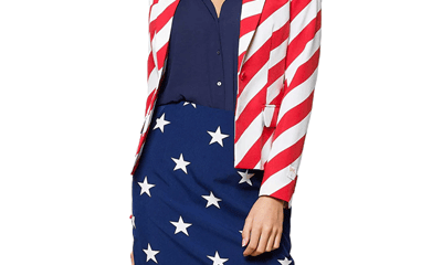 woman wears a red and white striped jacket and a navy blue skirt with stars