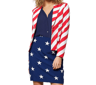 woman wears a red and white striped jacket and a navy blue skirt with stars