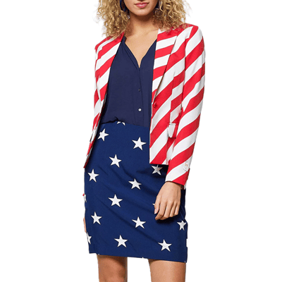 woman wears a red and white striped jacket and a navy blue skirt with stars