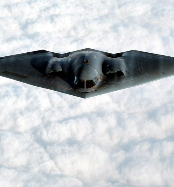 The B-2 Spirit stealth bomber flies over the Missouri Sky after taking off from the Whiteman Air Force Base in Johnson County, Missouri.