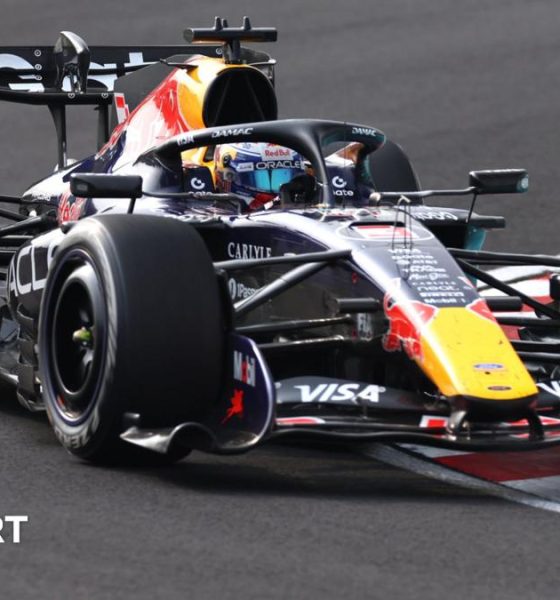 Red Bull's Max Verstappen drives across a kerb during the 2026 Japanese Grand Prix