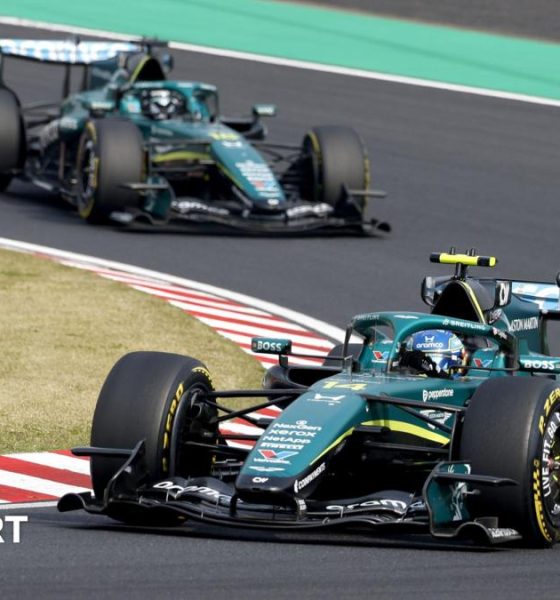 Aston Martin's Fernando Alonso ahead of team-mate Lance Stroll during the Japanese Grand Prix