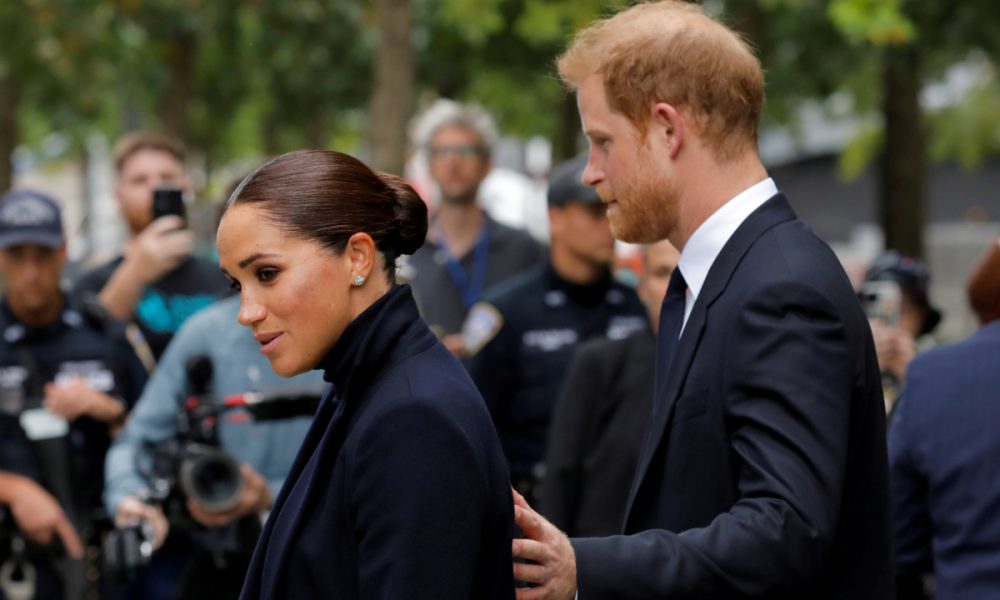 Britain's Prince Harry and Meghan, Duke and Duchess of Sussex, visit the 9/11 Memorial in Manhattan, New York City
